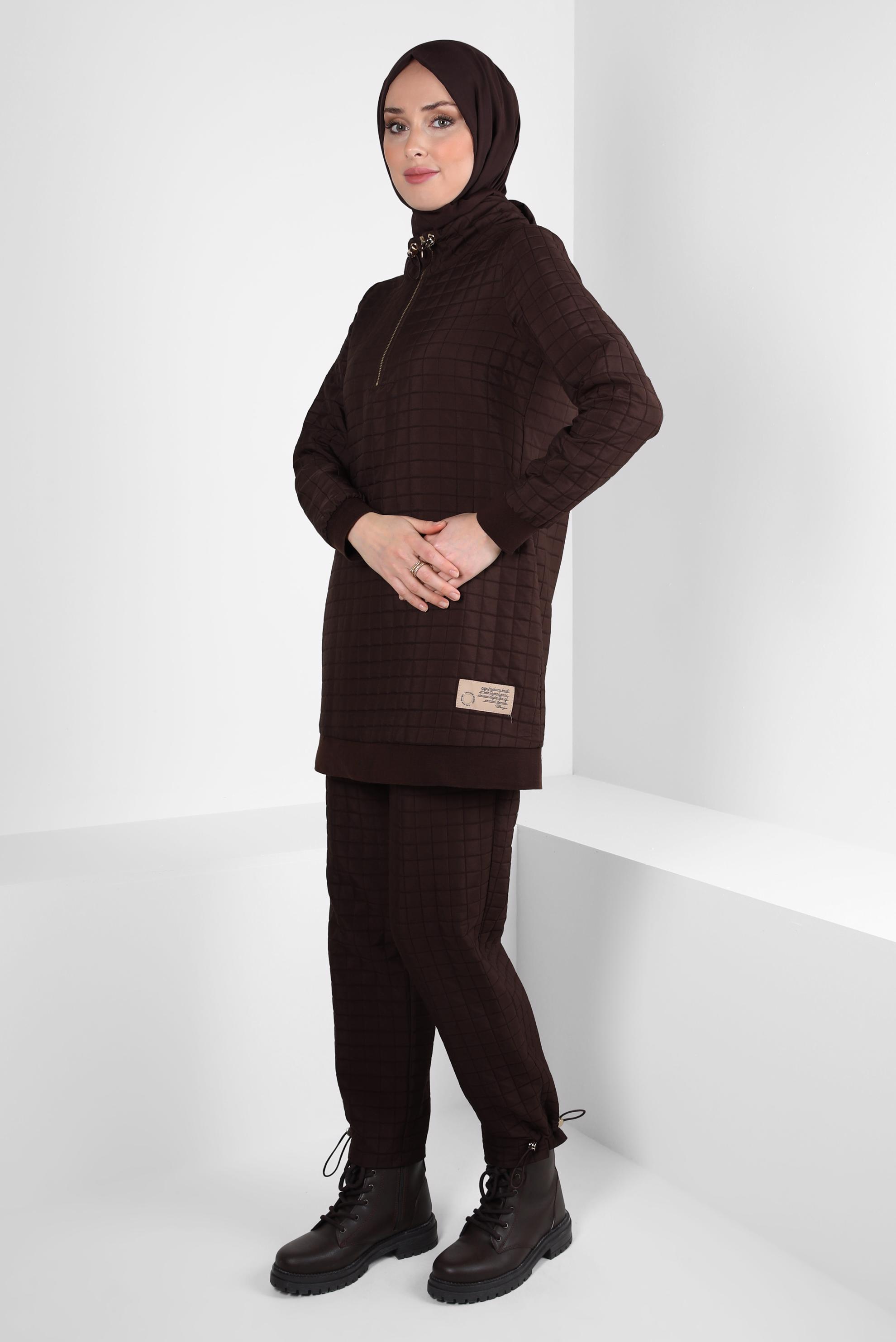 Tesettür giyim KAHVE KAPİTONE DESENLİ PANTOLONLU TAKIM 44361