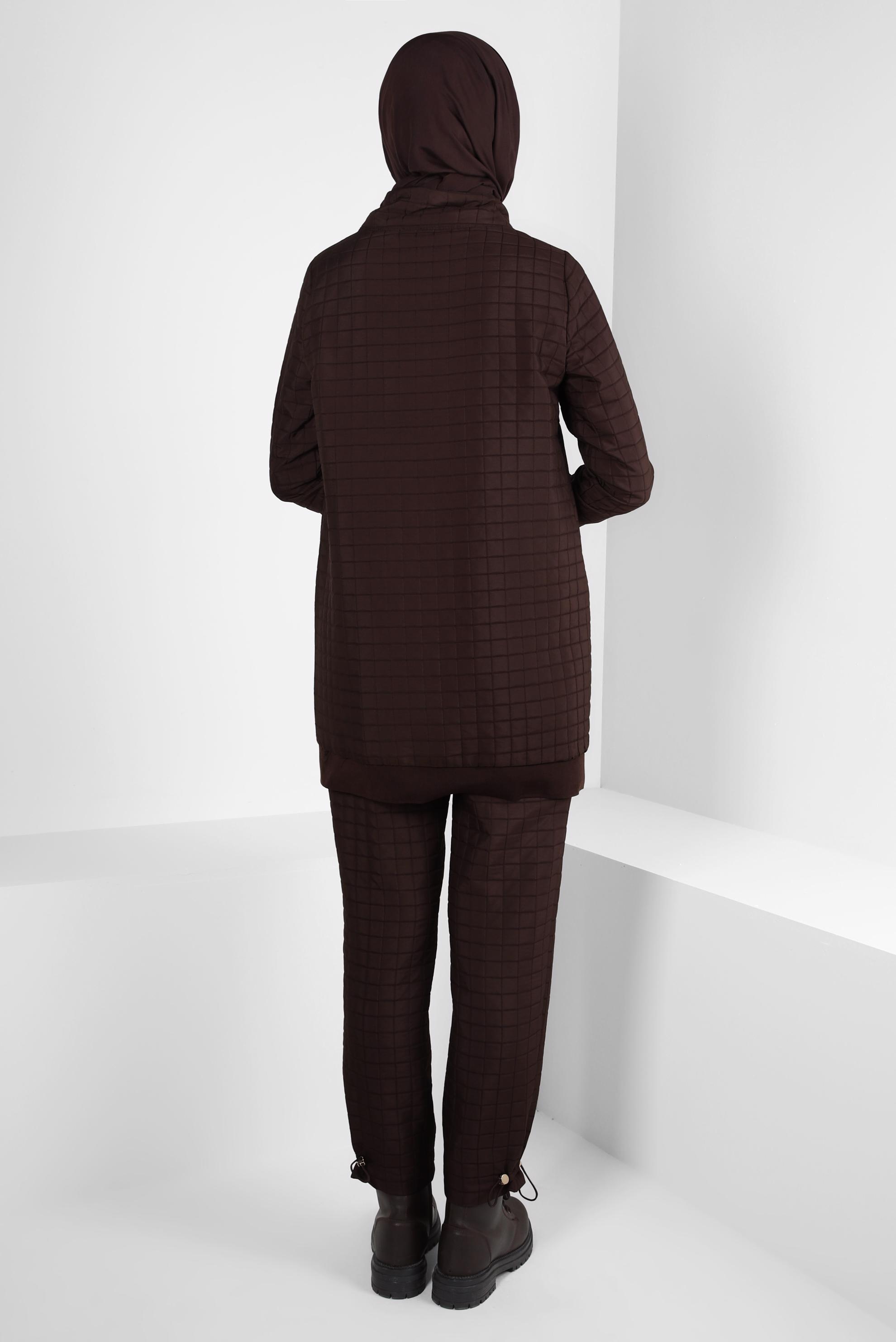 Tesettür giyim KAHVE KAPİTONE DESENLİ PANTOLONLU TAKIM 44361