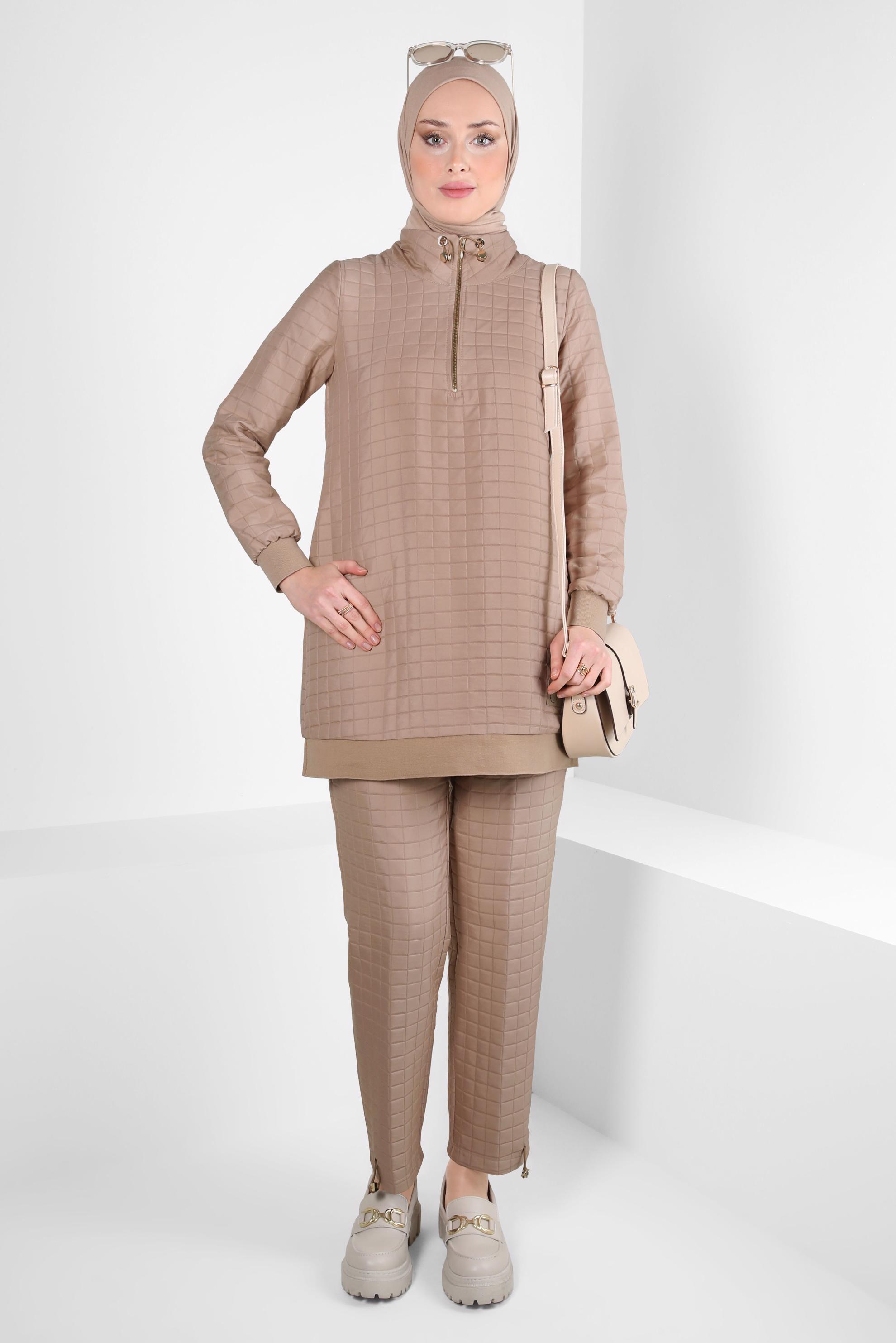Tesettür giyim KAHVE KAPİTONE DESENLİ PANTOLONLU TAKIM 44361