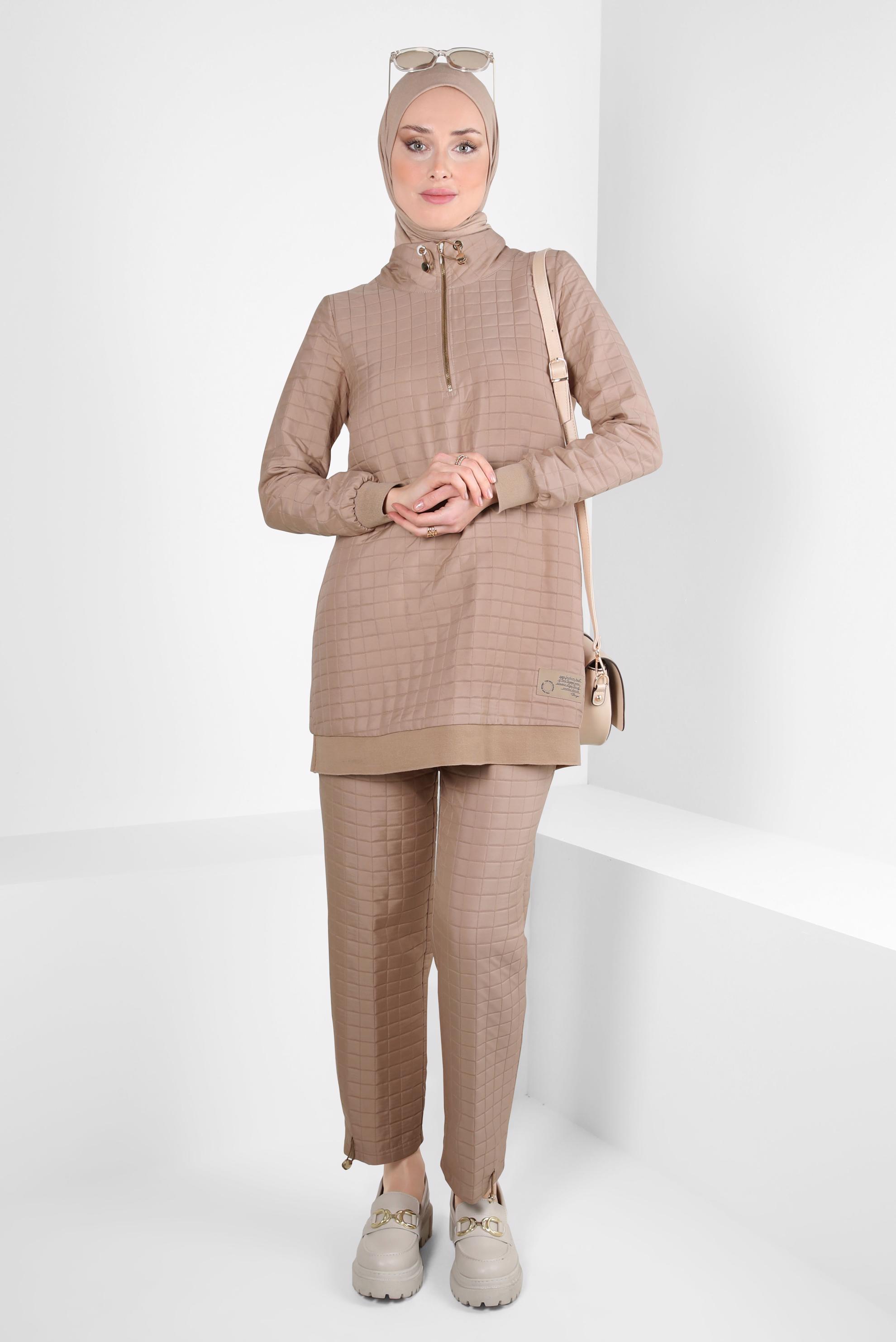 Tesettür giyim KAHVE KAPİTONE DESENLİ PANTOLONLU TAKIM 44361