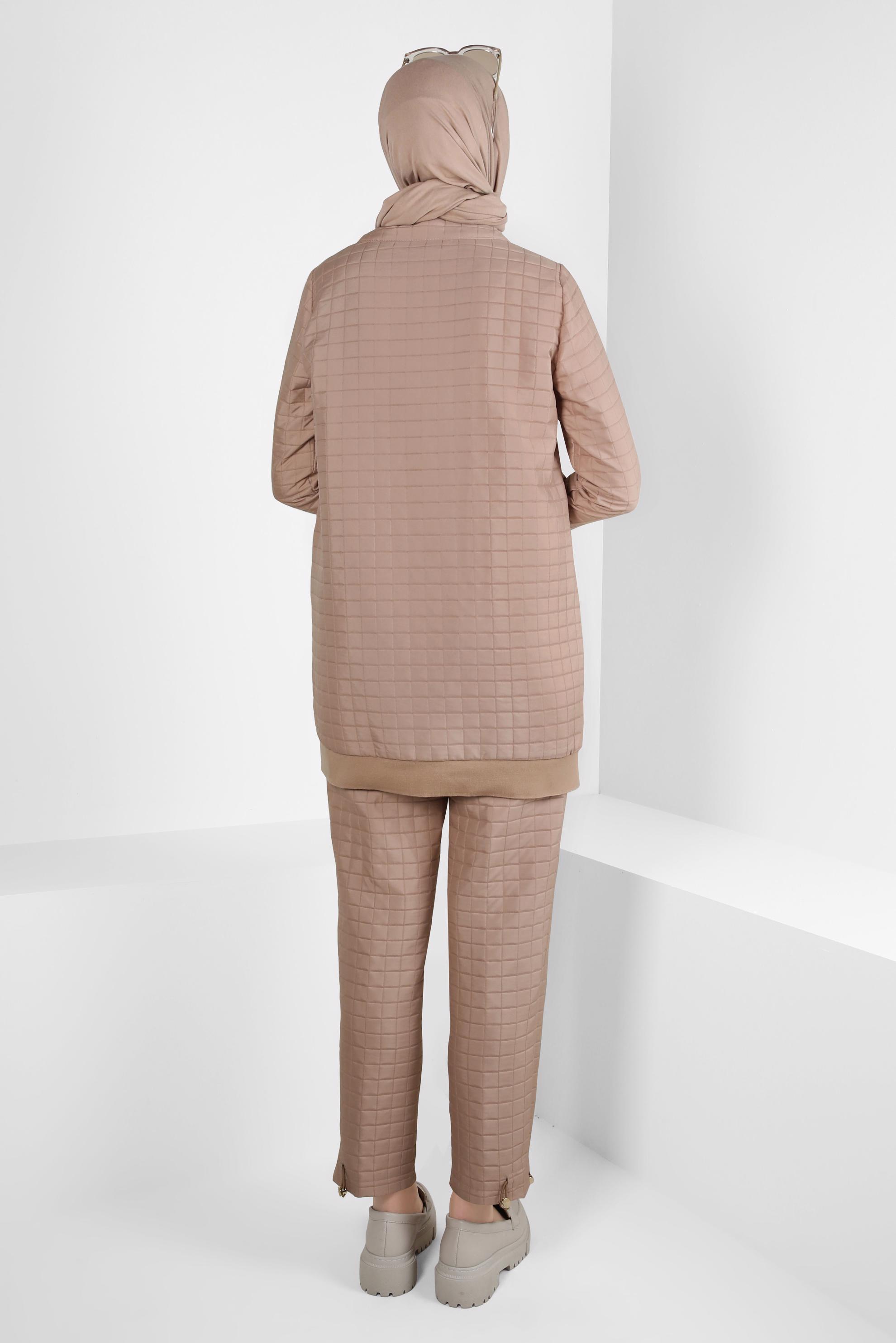 Tesettür giyim KAHVE KAPİTONE DESENLİ PANTOLONLU TAKIM 44361