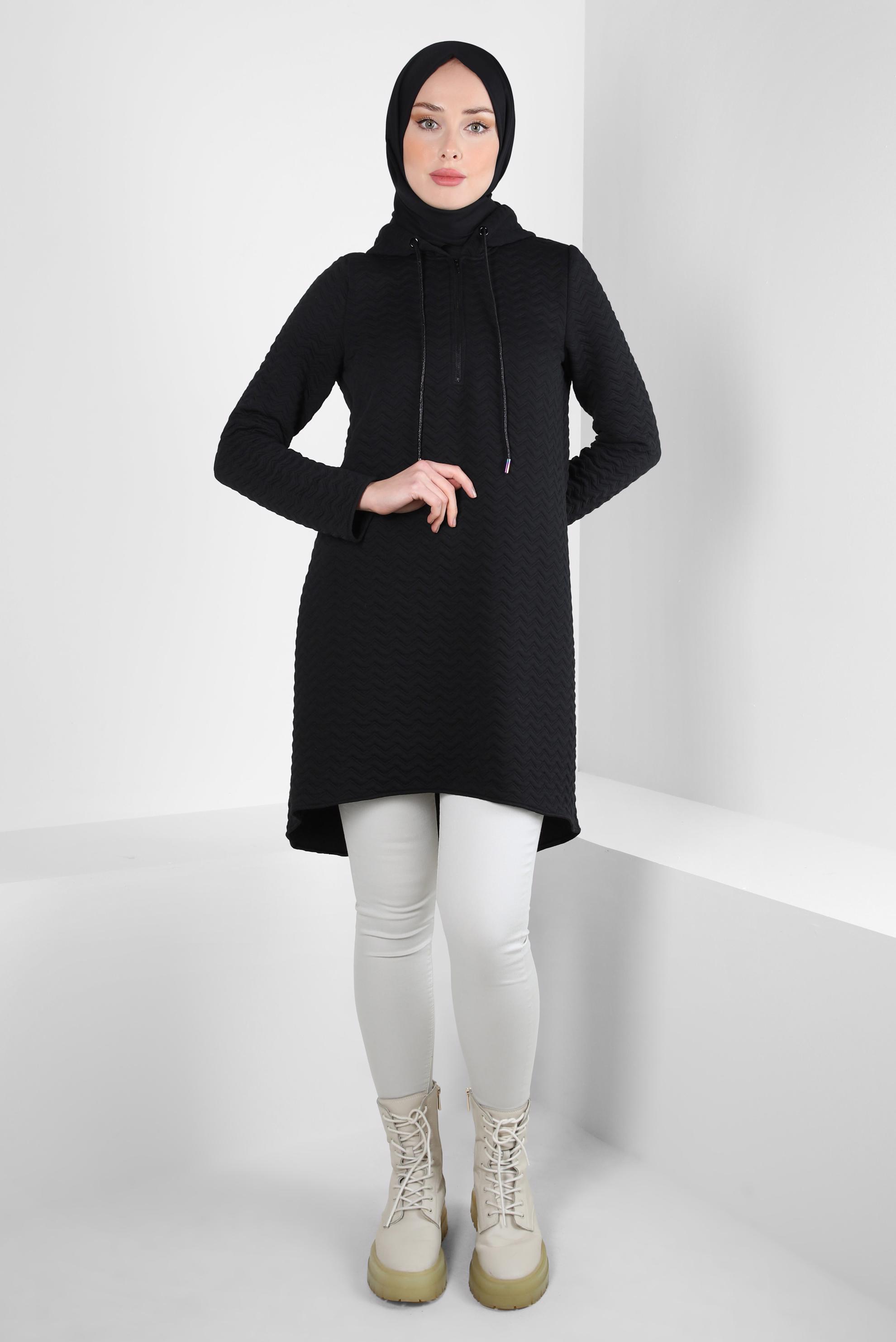 Tesettür giyim SİYAH KAPÜŞONLU KAPİTONE TUNİK 44364