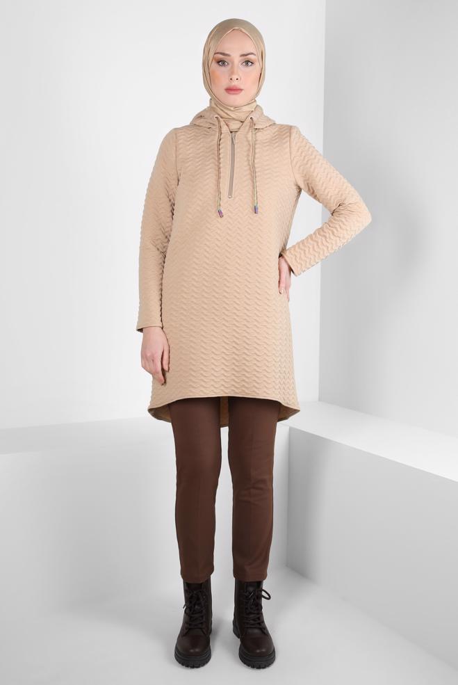Hijab clothing BEIGE HOODED QUILTED TUNIC 44364 - ALVİNA