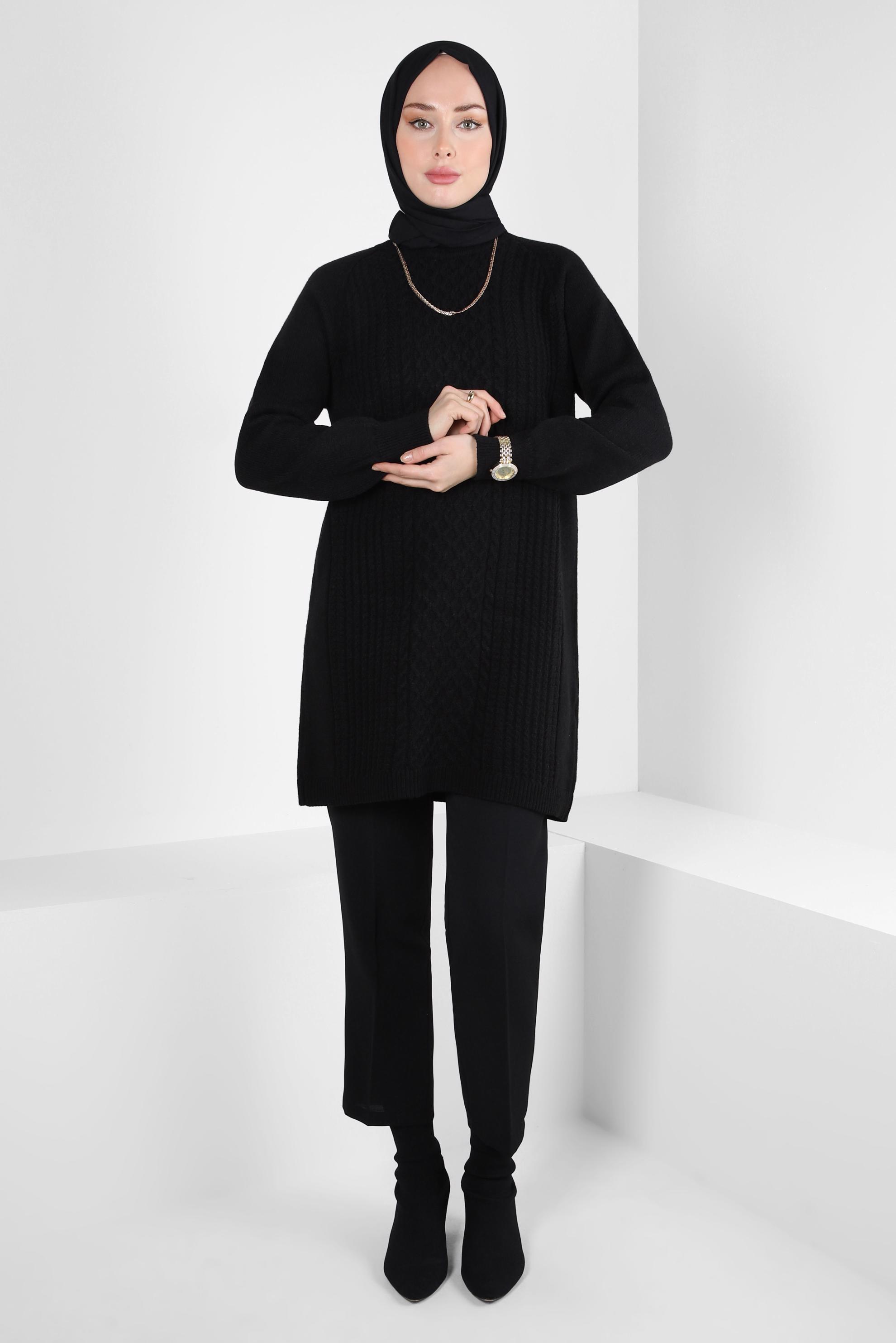 Tesettür giyim SİYAH ÖRGÜ DESENLİ TRİKO TUNİK 44118