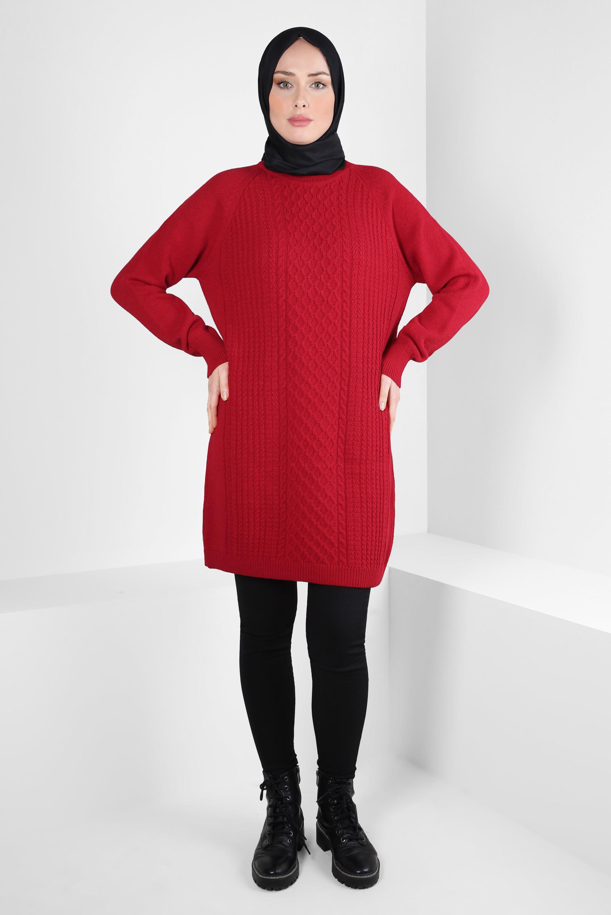 Tesettür giyim KIRMIZI ÖRGÜ DESENLİ TRİKO TUNİK 44118