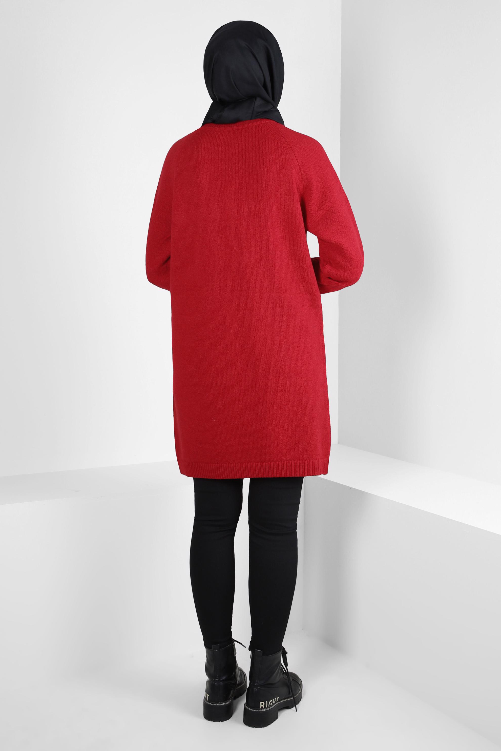 Tesettür giyim KIRMIZI ÖRGÜ DESENLİ TRİKO TUNİK 44118