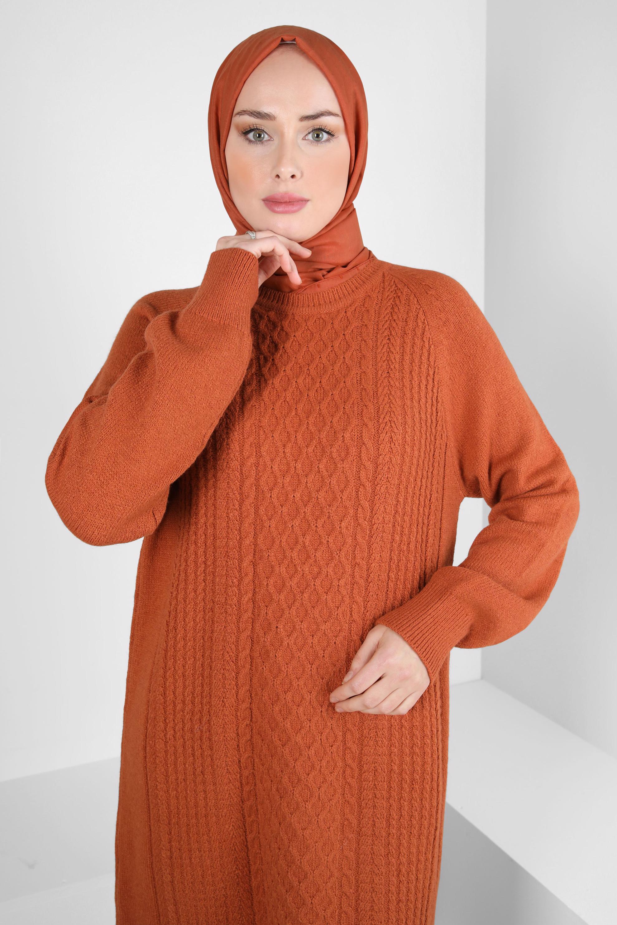 Tesettür giyim TURUNCU ÖRGÜ DESENLİ TRİKO TUNİK 44118