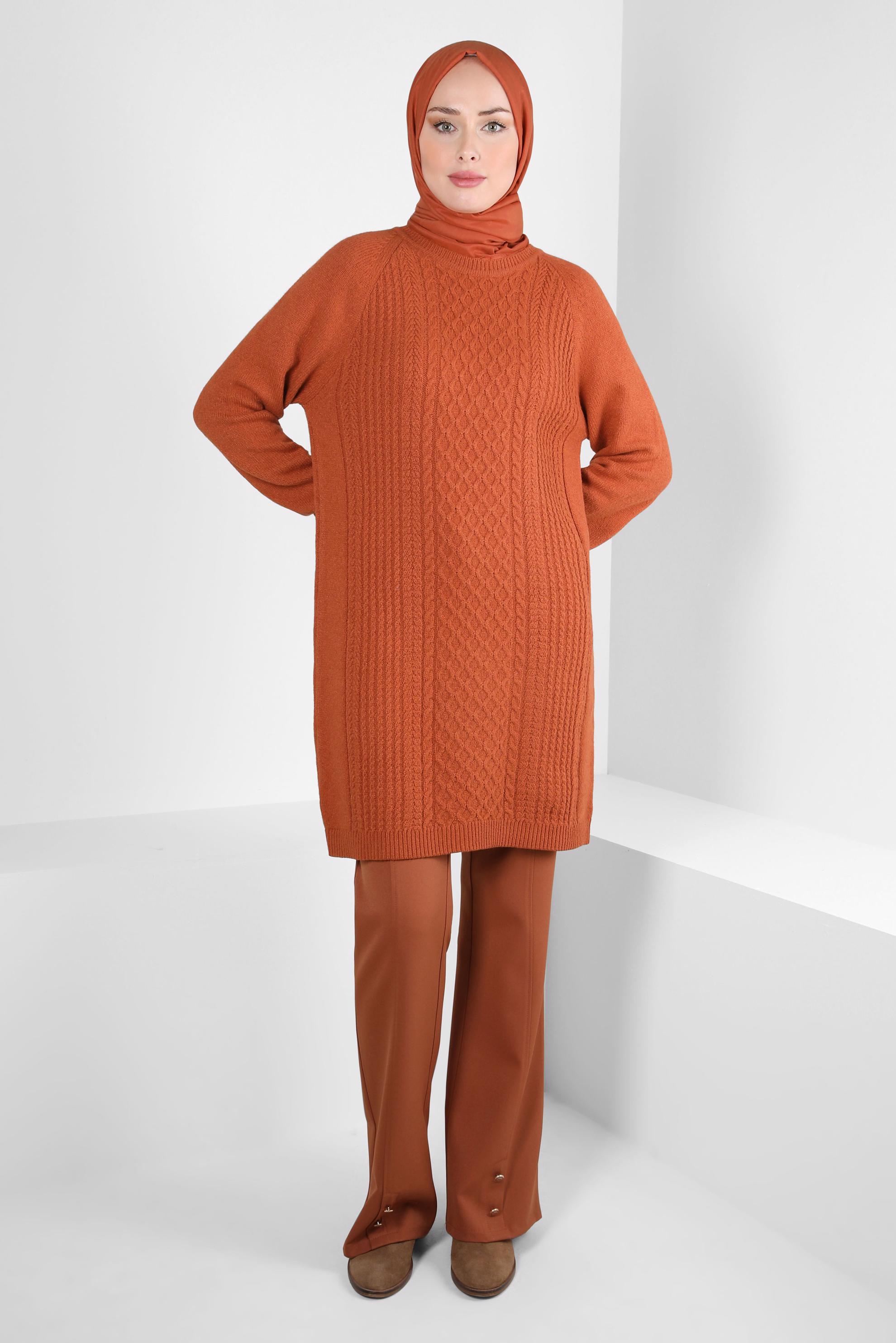 Tesettür giyim TURUNCU ÖRGÜ DESENLİ TRİKO TUNİK 44118