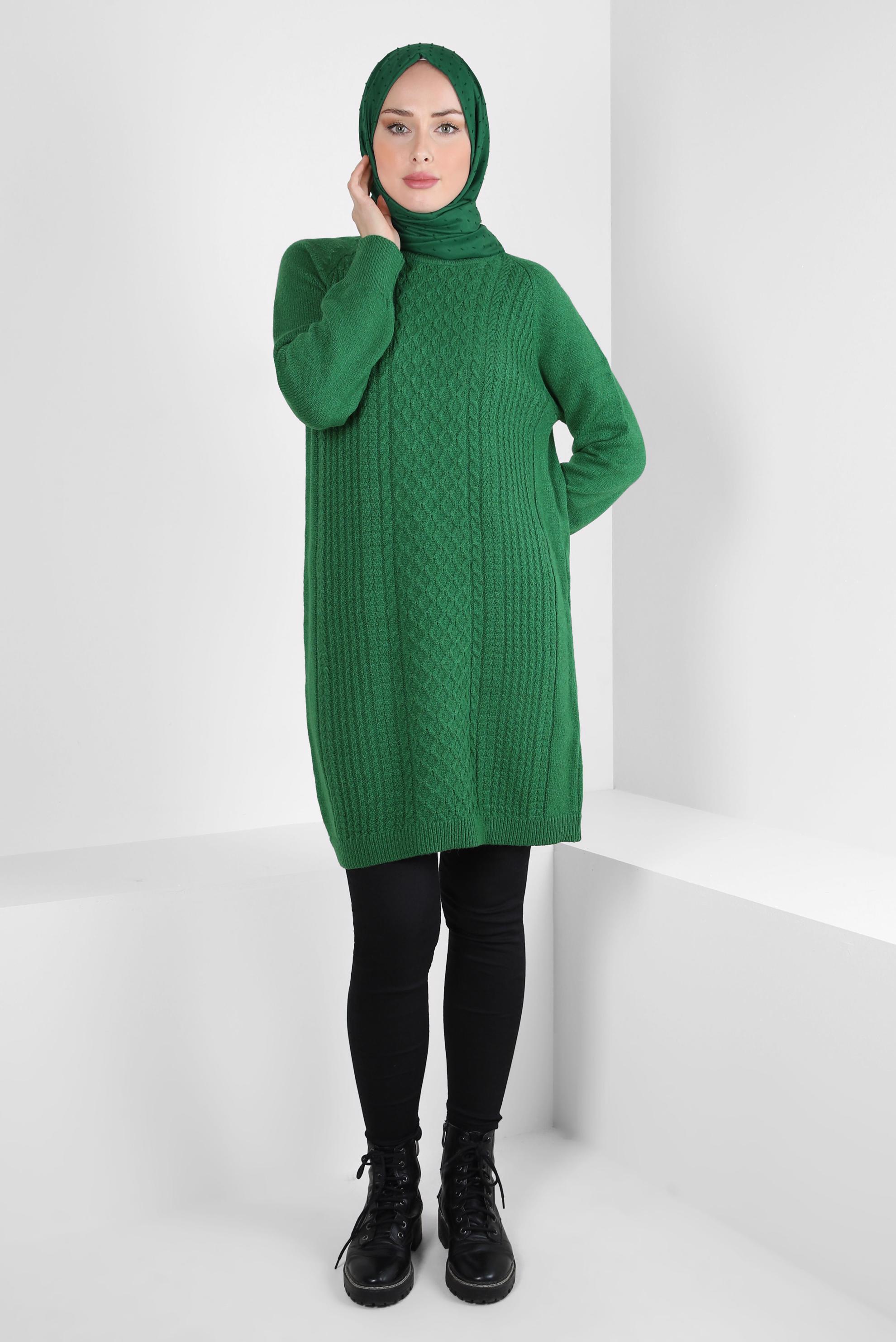 Tesettür giyim YEŞİL ÖRGÜ DESENLİ TRİKO TUNİK 44118