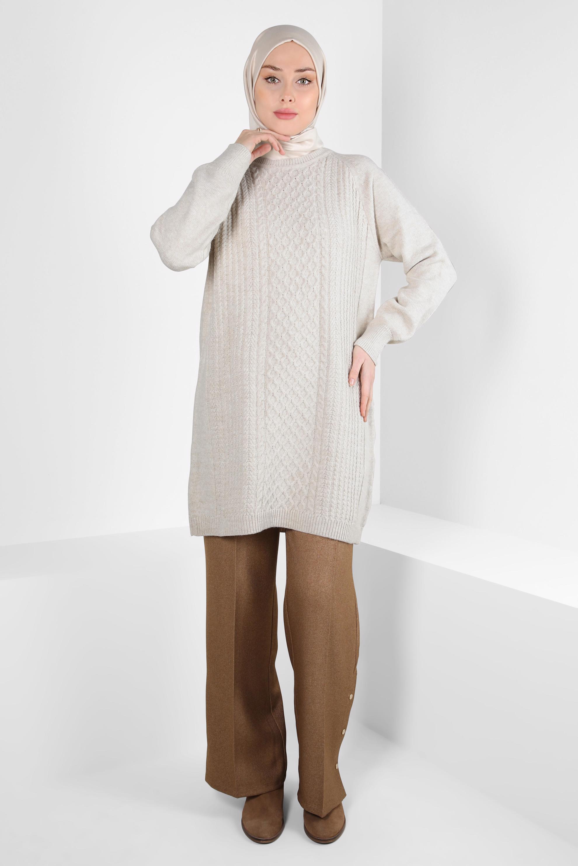 Tesettür giyim BEJ ÖRGÜ DESENLİ TRİKO TUNİK 44118