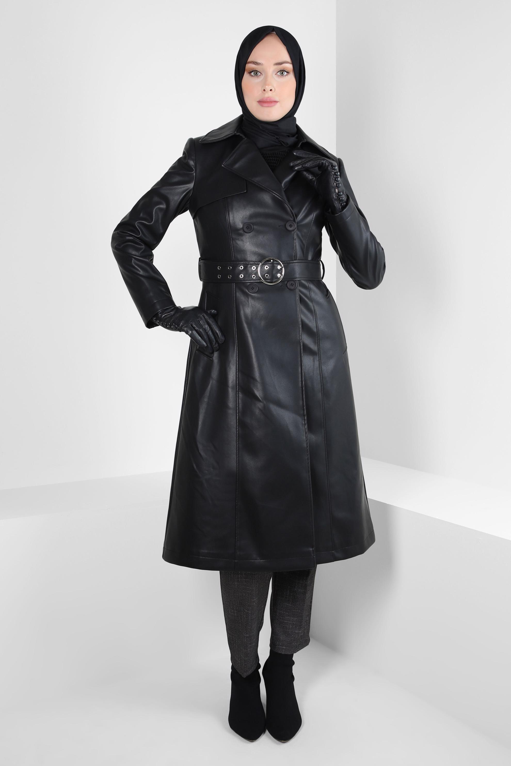 Tesettür giyim SİYAH KEMERLİ SUNİ DERİ TRENÇKOT 10692
