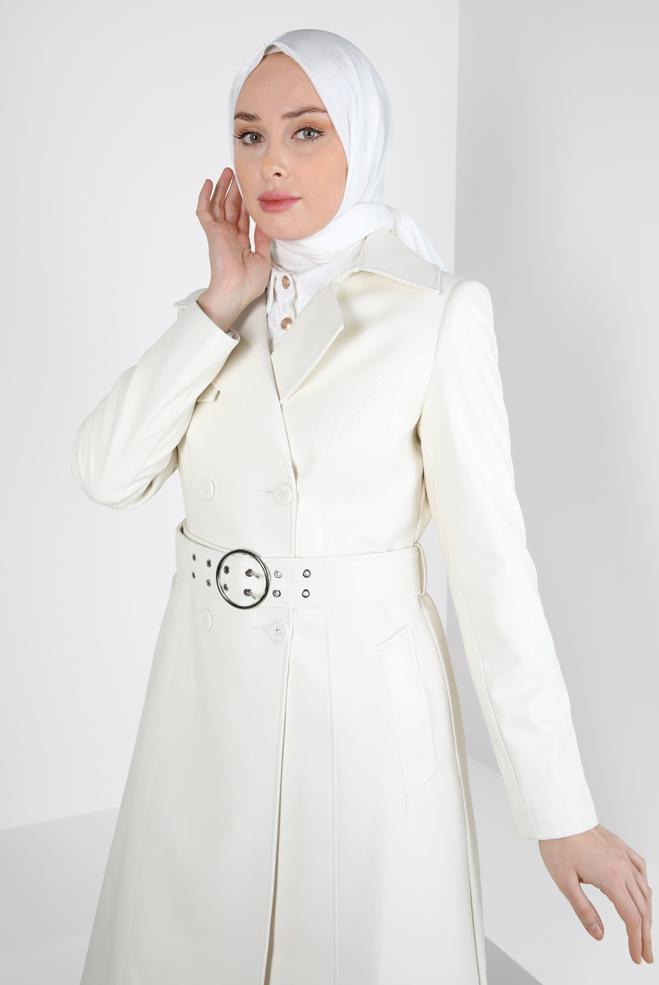 Hijab clothing WHITE FAUX LEATHER TRENCH COAT 10692 - ALVİNA