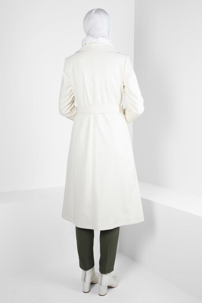 Hijab clothing WHITE FAUX LEATHER TRENCH COAT 10692 - ALVİNA