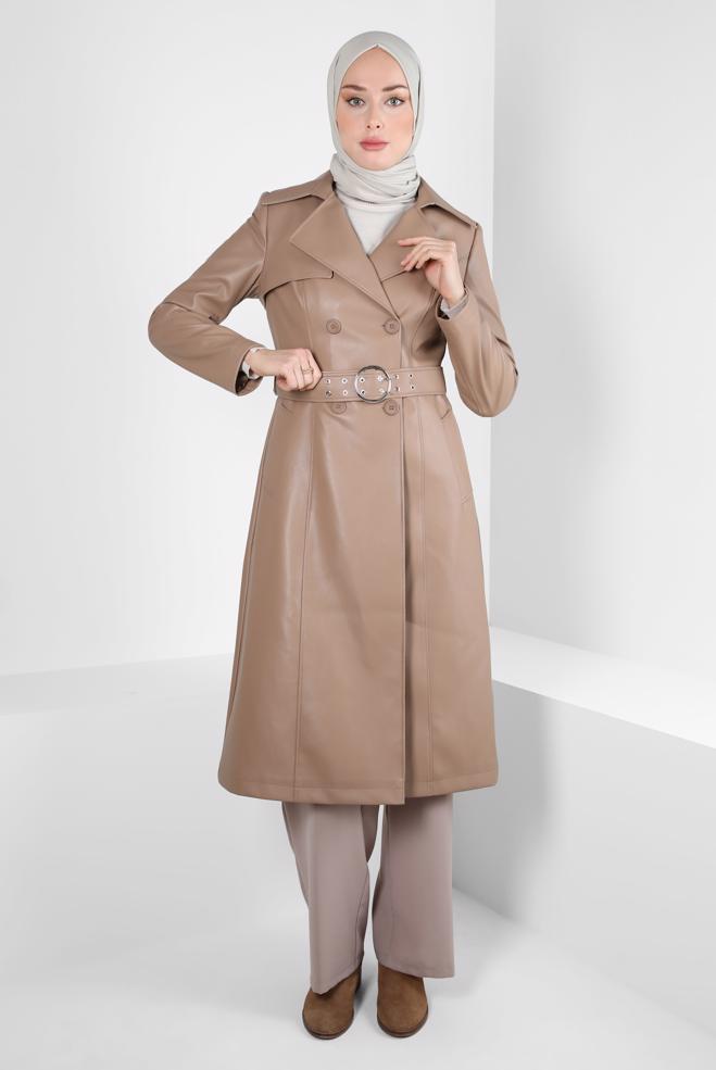 Hijab clothing BROWN FAUX LEATHER TRENCH COAT 10692 - ALVİNA