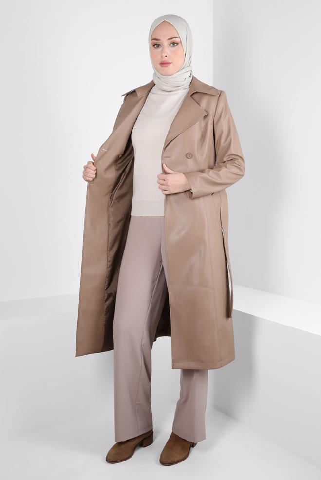 Hijab clothing BROWN FAUX LEATHER TRENCH COAT 10692 - ALVİNA