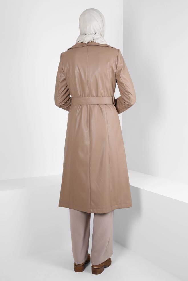 Hijab clothing BROWN FAUX LEATHER TRENCH COAT 10692 - ALVİNA