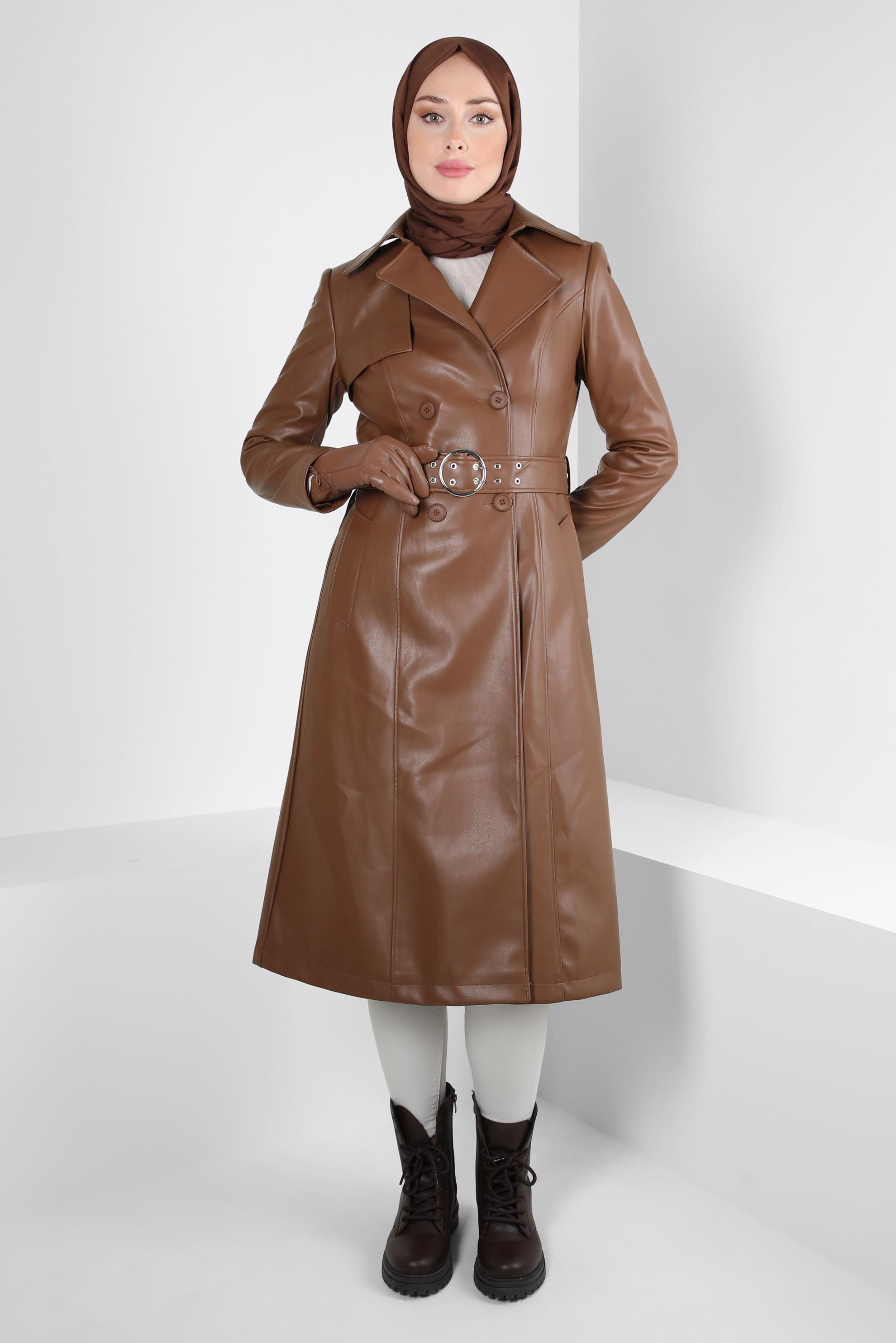 Tesettür giyim TABA KEMERLİ SUNİ DERİ TRENÇKOT 10692