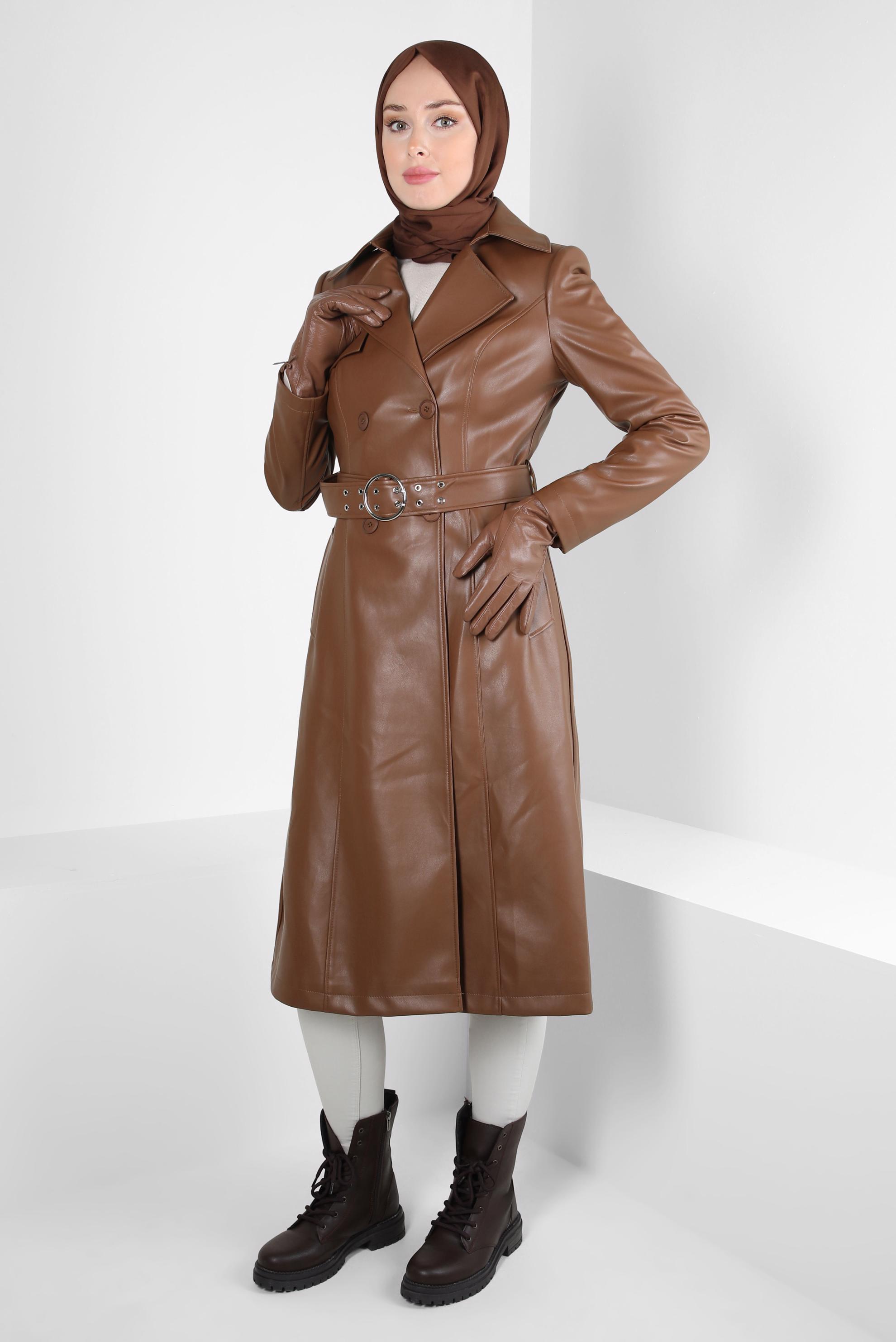 Tesettür giyim TABA KEMERLİ SUNİ DERİ TRENÇKOT 10692