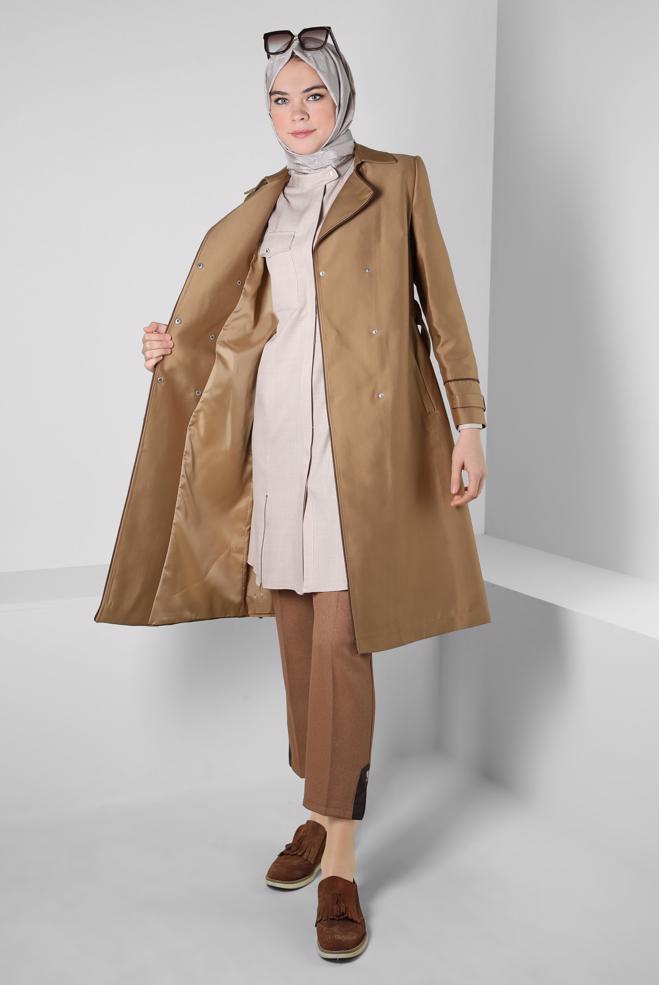 Hijab clothing BROWN BELTED TRENCH COAT 10800 - ALVİNA