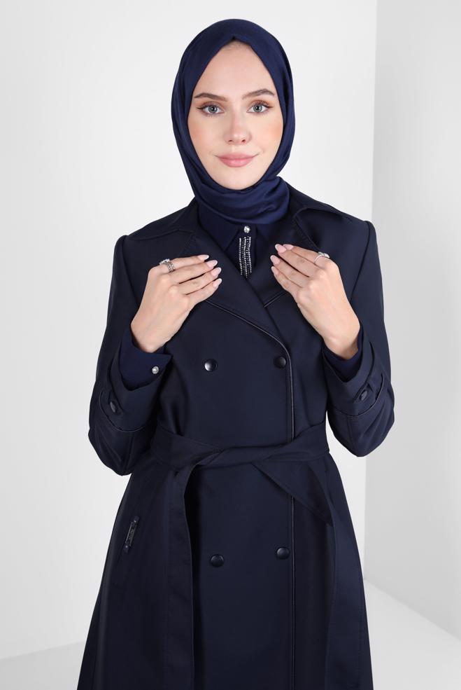 Hijab clothing NAVY BLUE BELTED TRENCH COAT 10800 - ALVİNA