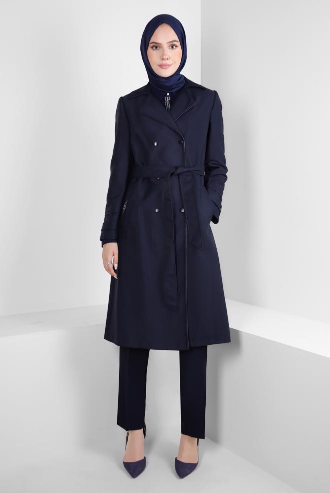 Hijab clothing NAVY BLUE BELTED TRENCH COAT 10800 - ALVİNA