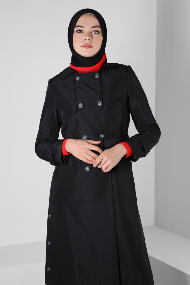 Hijab clothing BLACK BELTED TRENCH COAT 10801 - ALVİNA