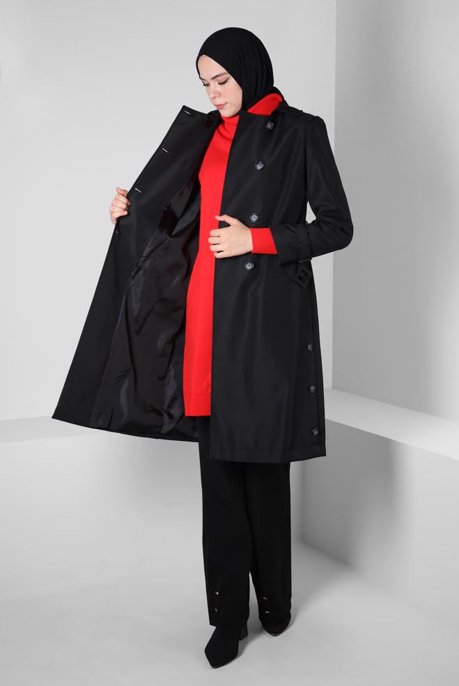 Hijab clothing BLACK BELTED TRENCH COAT 10801 - ALVİNA