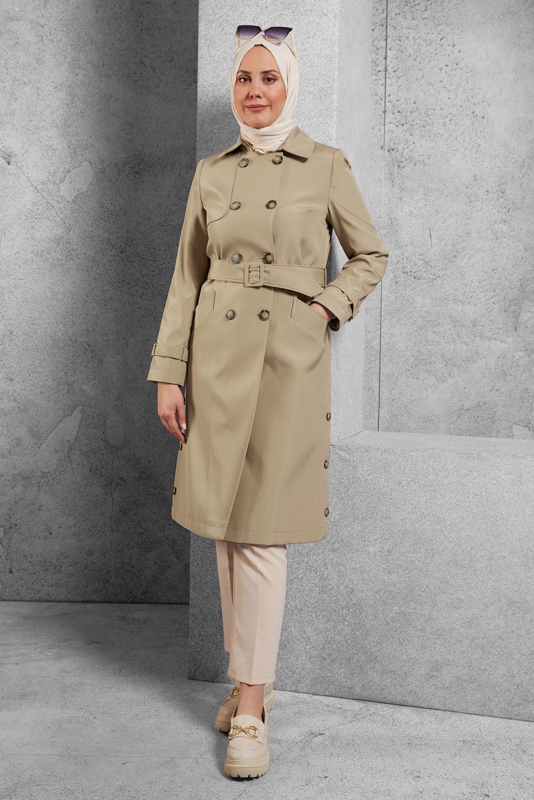 Tesettür giyim BEJ KEMERLİ TRENÇKOT 10801