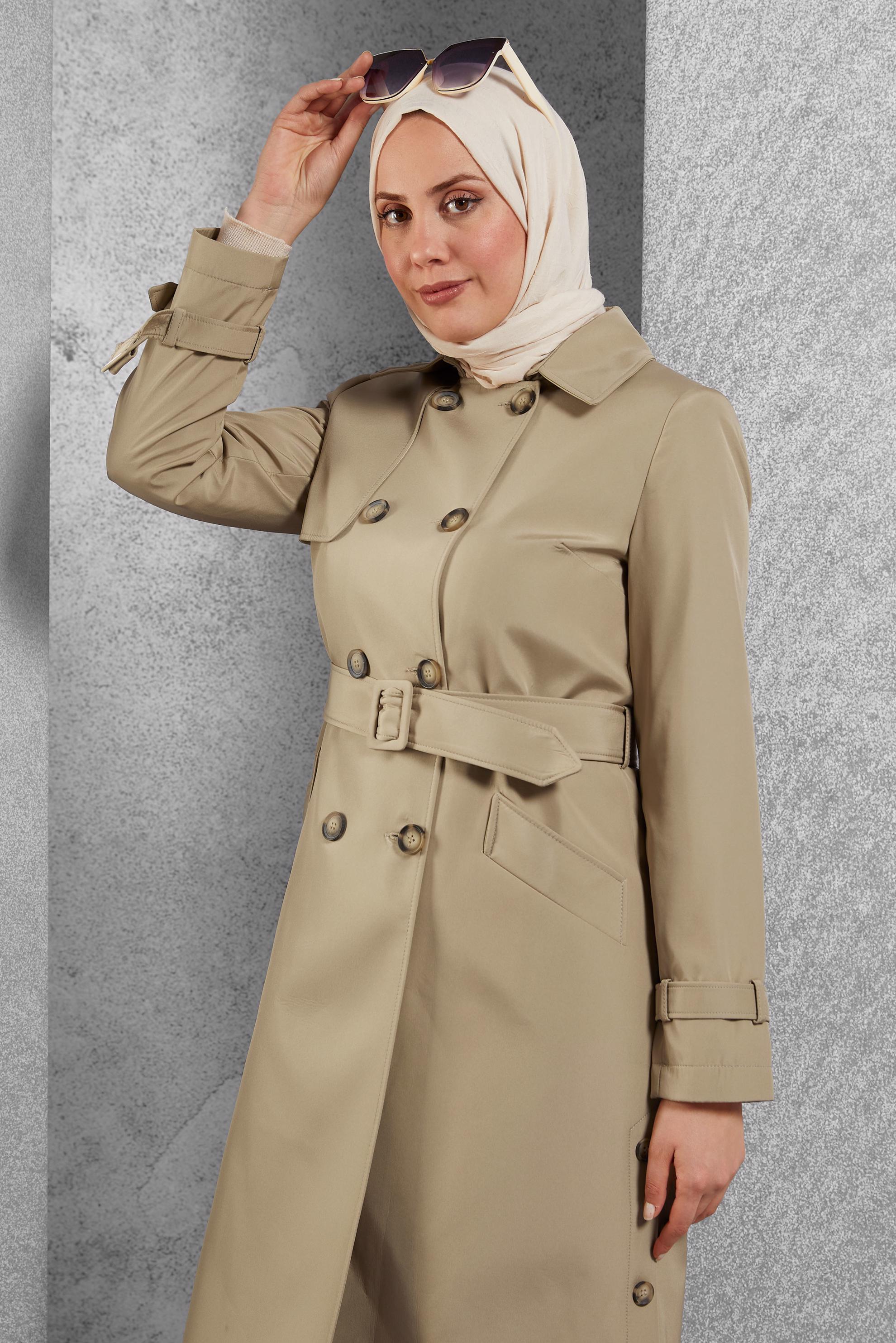 Tesettür giyim BEJ KEMERLİ TRENÇKOT 10801