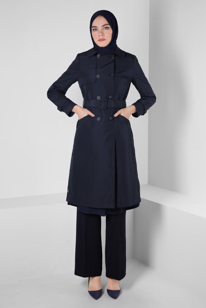 Hijab clothing NAVY BLUE BELTED TRENCH COAT 10801 - ALVİNA