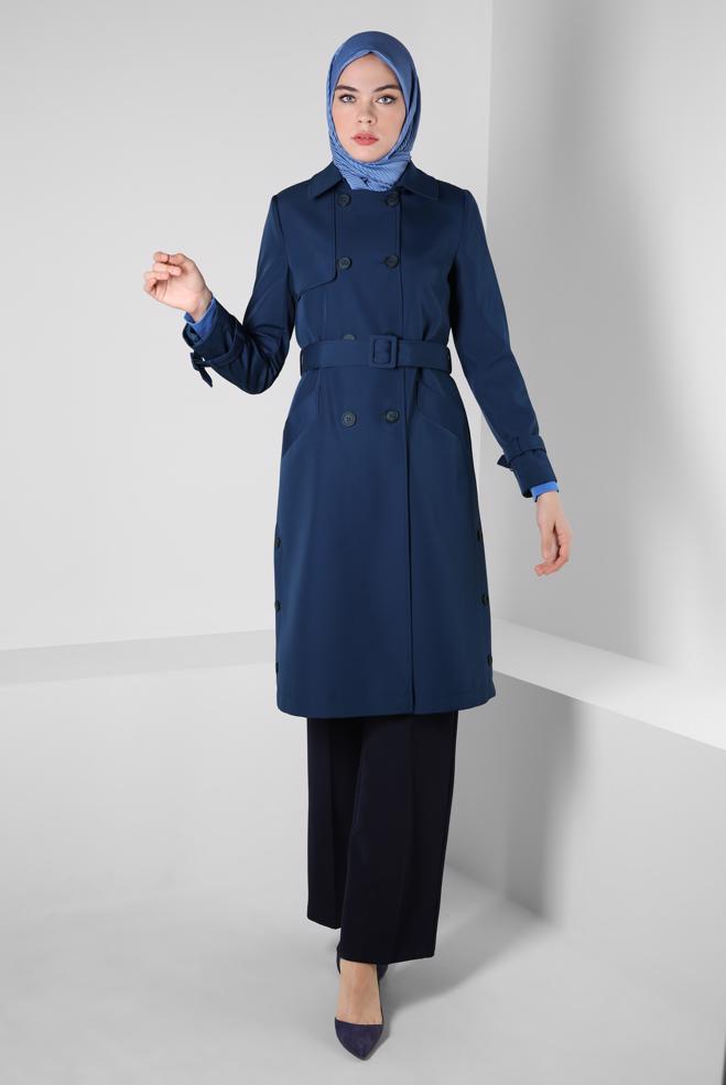Hijab clothing NAVY BLUE BELTED TRENCH COAT 10801 - ALVİNA
