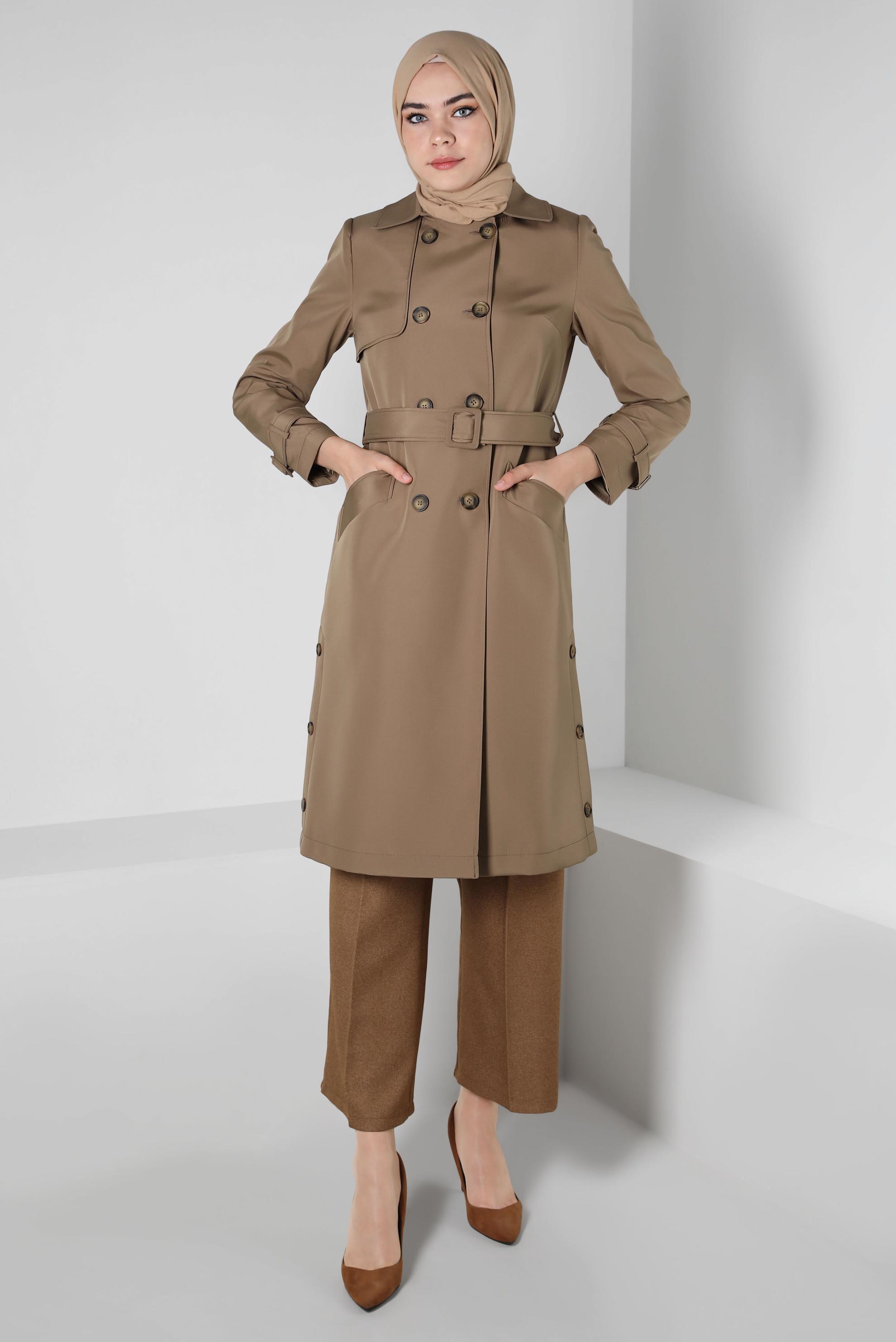 Tesettür giyim VİZON KEMERLİ TRENÇKOT 10801
