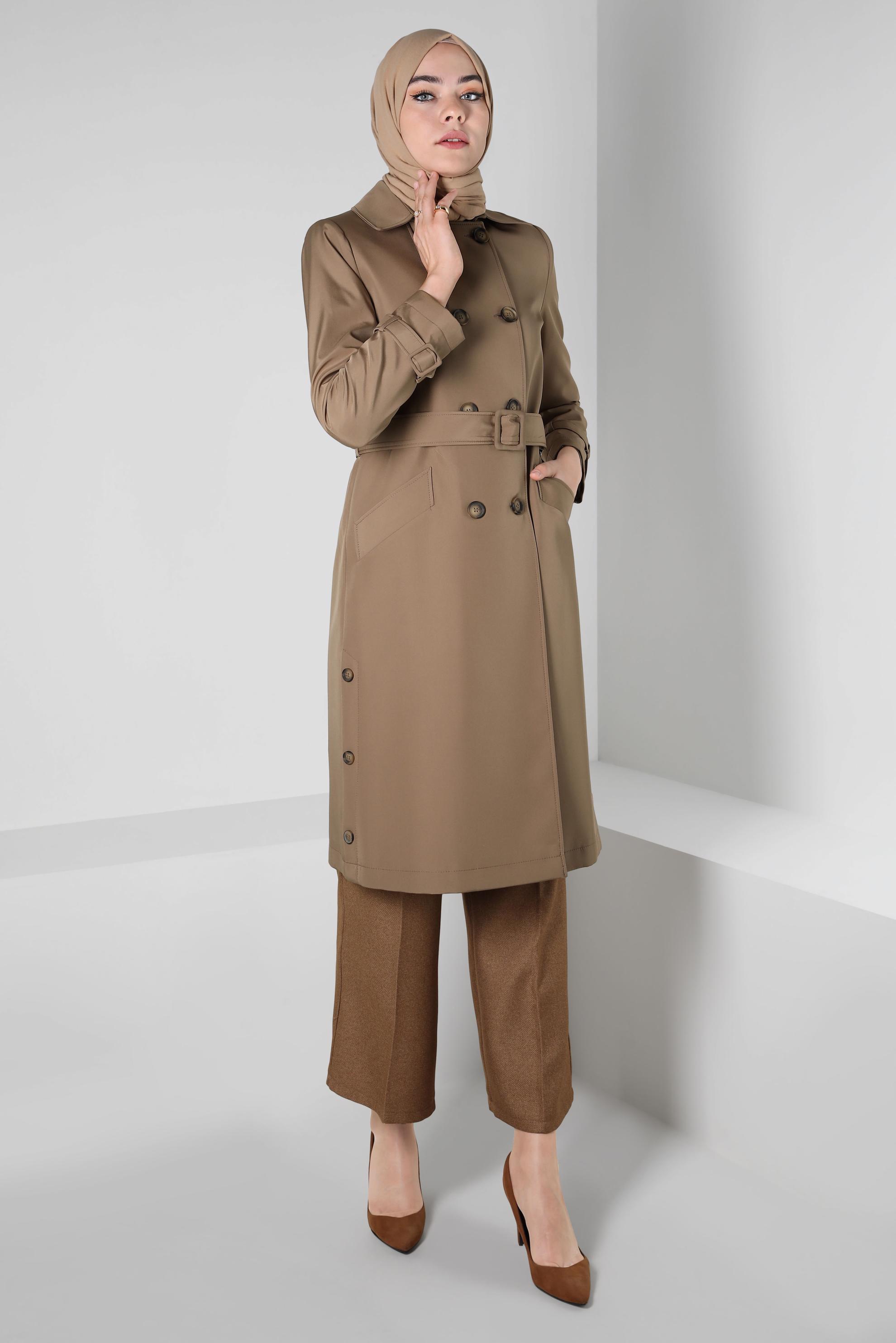 Tesettür giyim VİZON KEMERLİ TRENÇKOT 10801