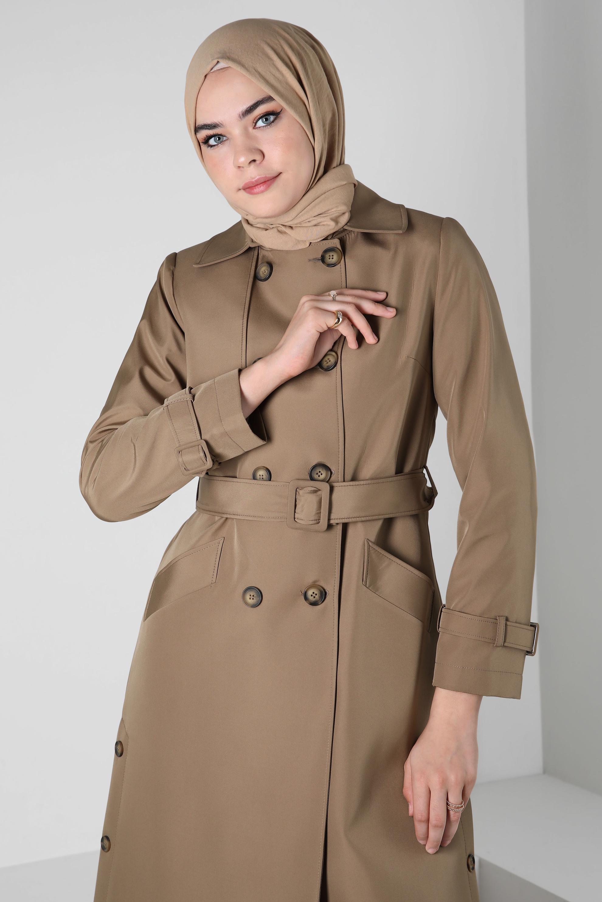 Tesettür giyim VİZON KEMERLİ TRENÇKOT 10801