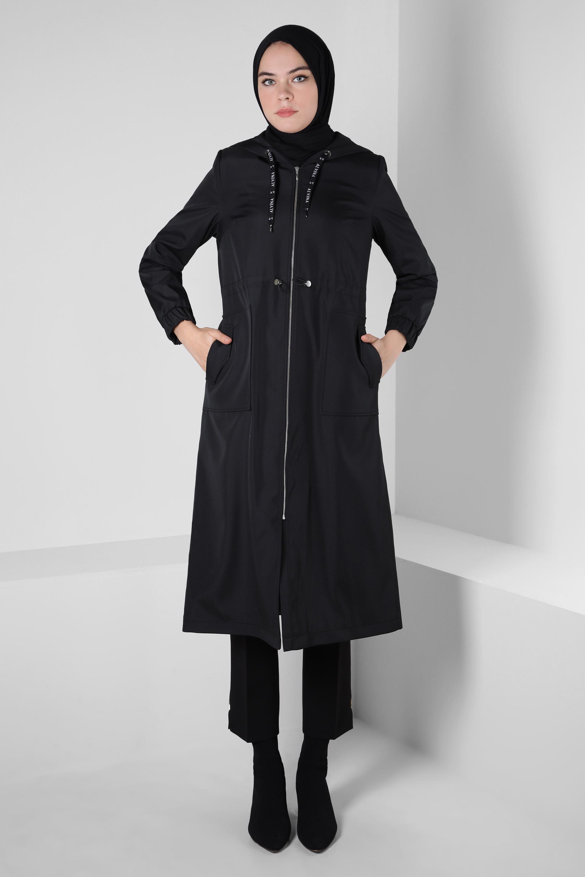 Tesettür giyim SİYAH KAPÜŞONLU TRENÇKOT 10802