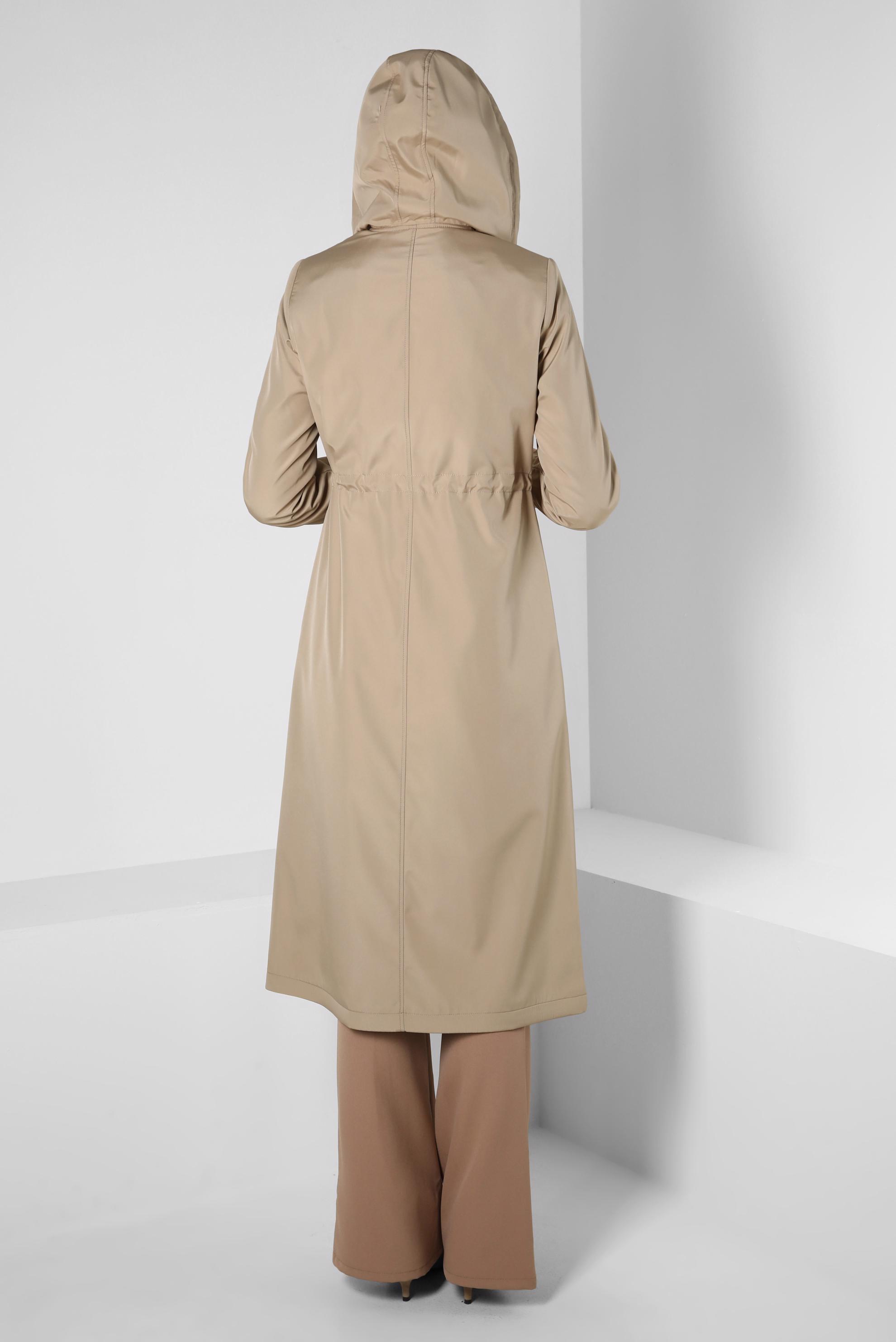 Tesettür giyim BEJ KAPÜŞONLU TRENÇKOT 10802