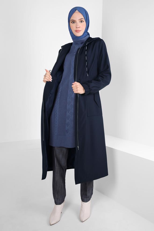Hijab clothing NAVY BLUE BELTED TRENCH COAT 10802 - ALVİNA
