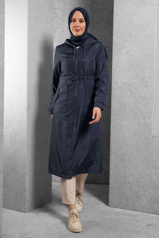 Hijab clothing NAVY BLUE BELTED TRENCH COAT 10802 - ALVİNA