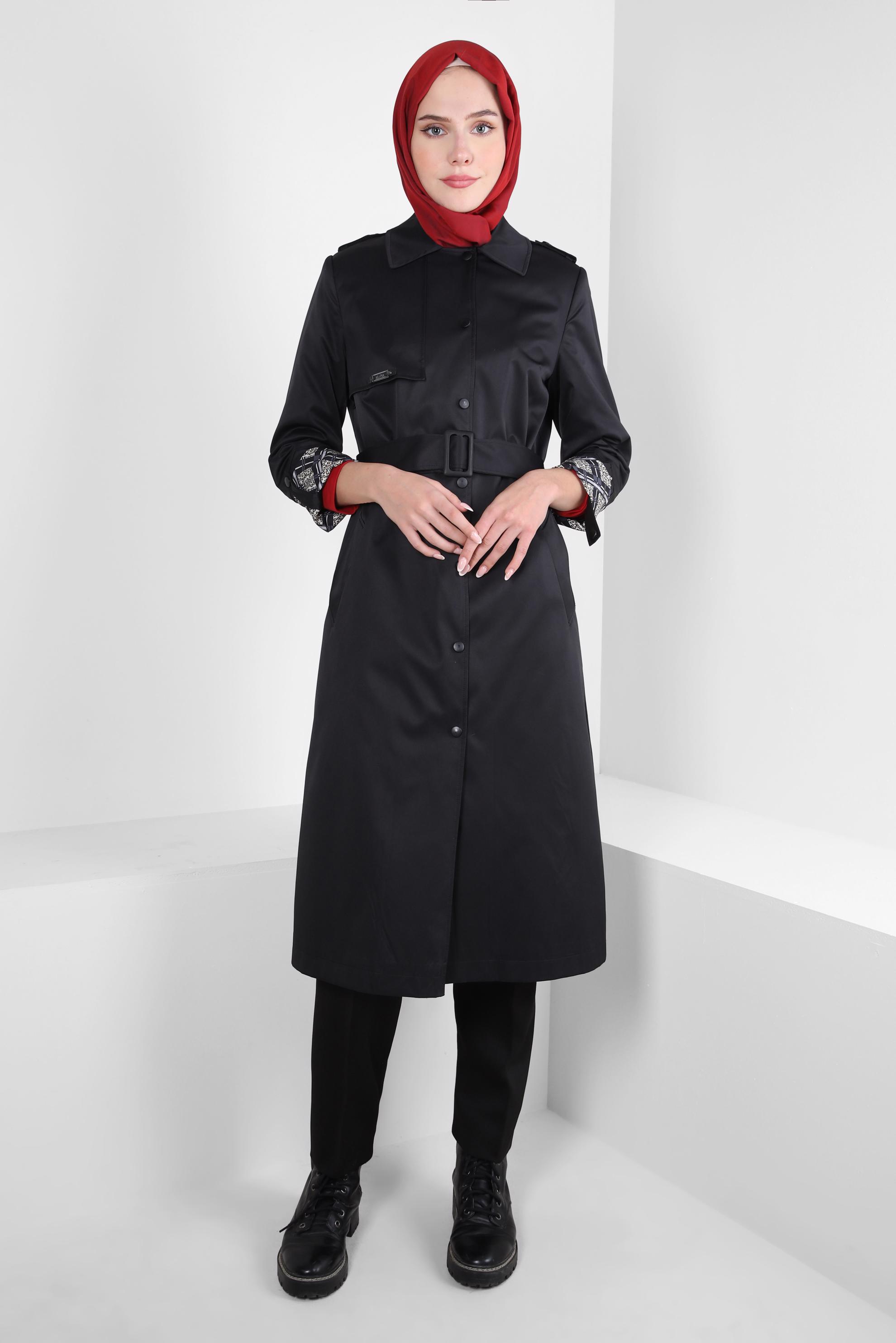 Tesettür giyim SİYAH KEMERLİ TRENÇKOT 10807