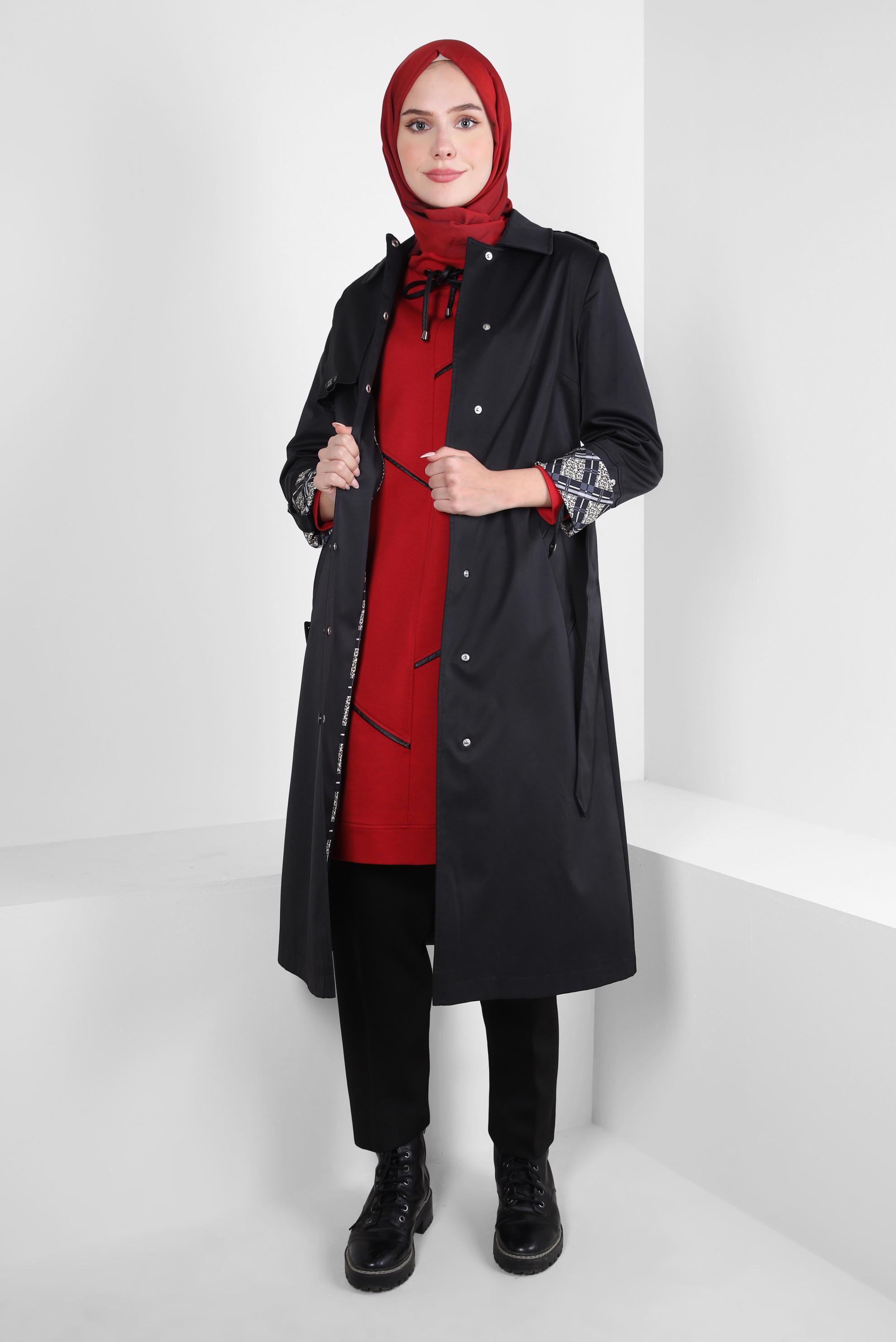 Tesettür giyim SİYAH KEMERLİ TRENÇKOT 10807