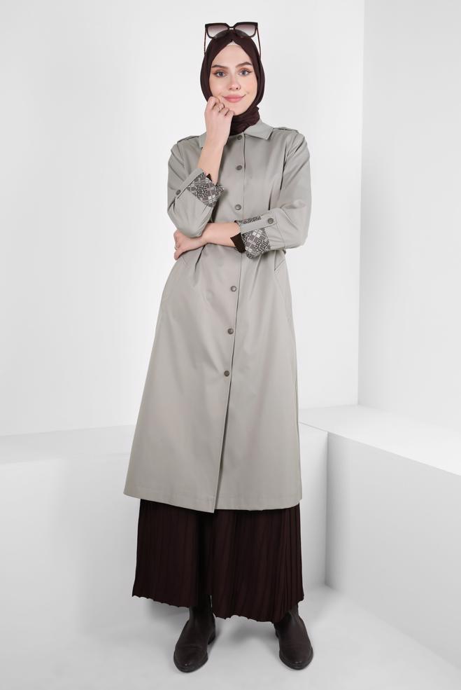 Hijab clothing BEIGE TRENCH COAT WITH PATTERNED CUFFS 10807 - ALVİNA