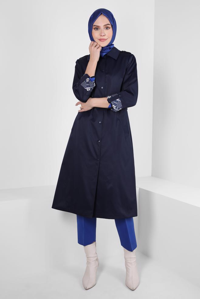 Hijab clothing NAVY BLUE TRENCH COAT WITH PATTERNED CUFFS 10807 - ALVİNA