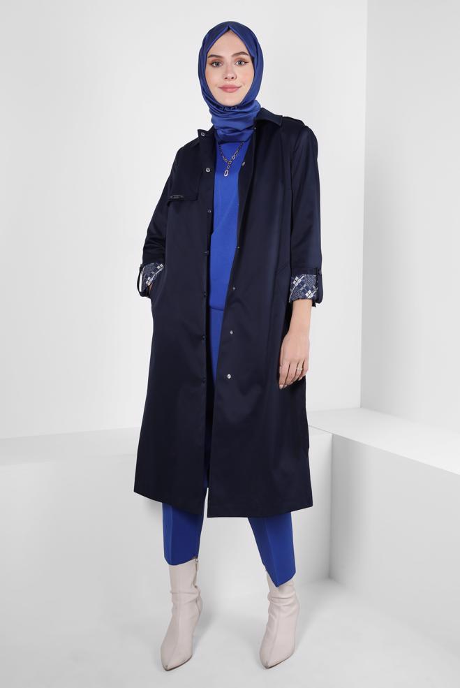 Hijab clothing NAVY BLUE TRENCH COAT WITH PATTERNED CUFFS 10807 - ALVİNA
