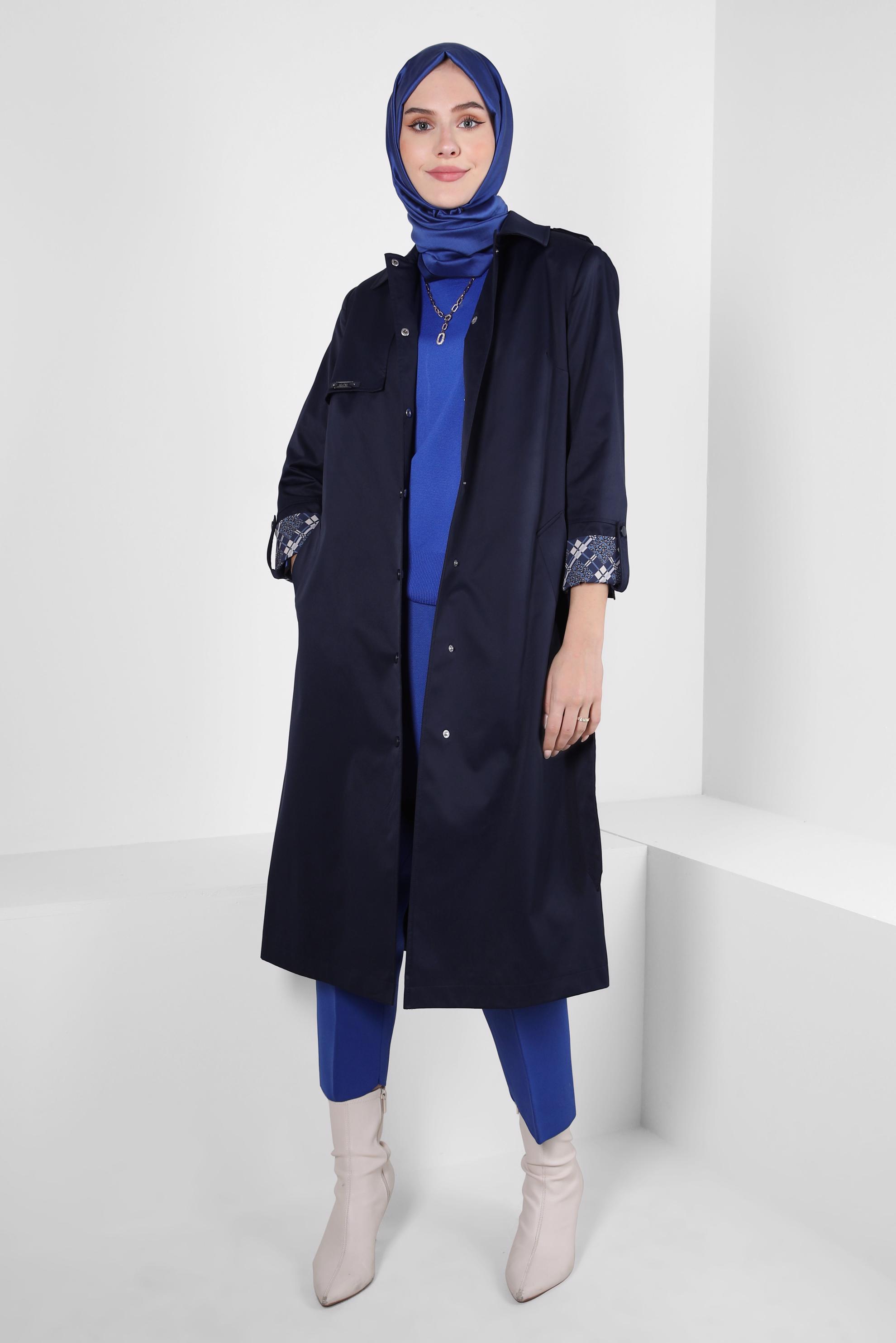 Hijab clothing NAVY BLUE TRENCH COAT WITH PATTERNED CUFFS 10807