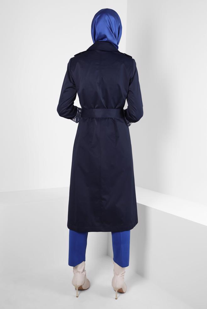 Hijab clothing NAVY BLUE TRENCH COAT WITH PATTERNED CUFFS 10807 - ALVİNA