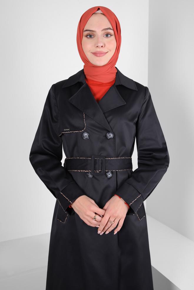 Hijab clothing BLACK BELTED TRENCH COAT 10808 - ALVİNA
