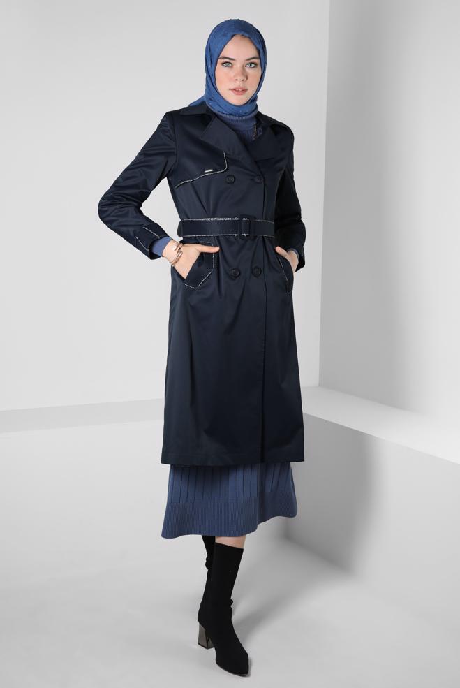 Hijab clothing NAVY BLUE BELTED TRENCH COAT 10808 - ALVİNA