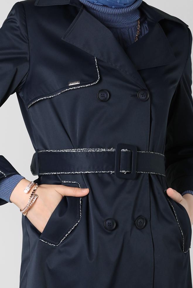 Hijab clothing NAVY BLUE BELTED TRENCH COAT 10808 - ALVİNA