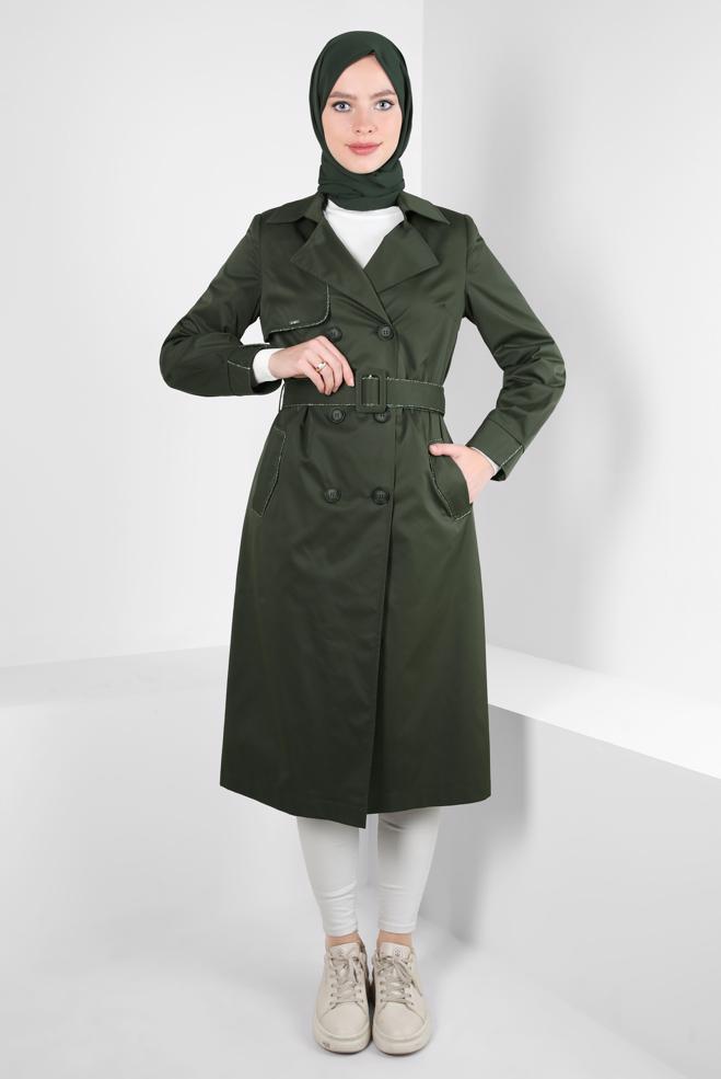 Hijab clothing KHAKI BELTED TRENCH COAT 10808 - ALVİNA