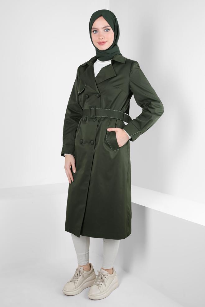 Hijab clothing KHAKI BELTED TRENCH COAT 10808 - ALVİNA